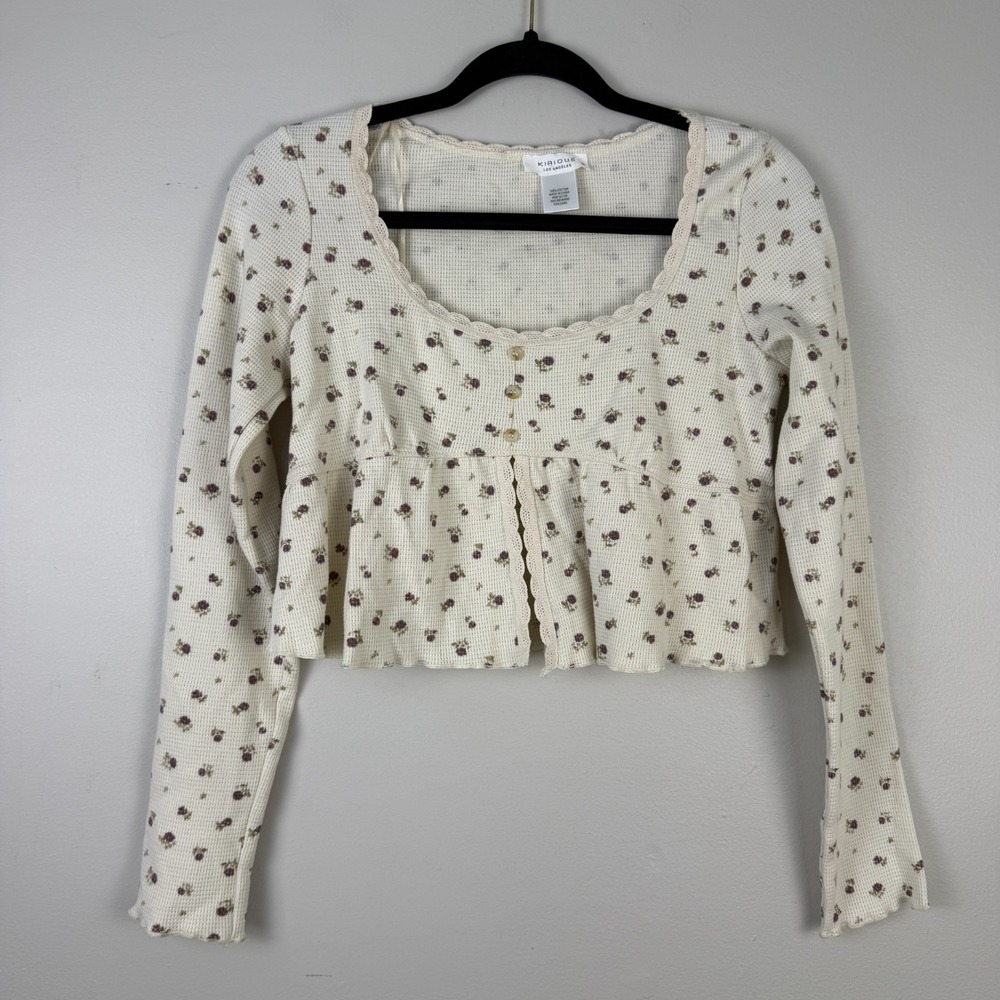 Kirious Crop Top Women's M Cream Floral Lace Trim Scoop Neck Waffle Knit Cottage